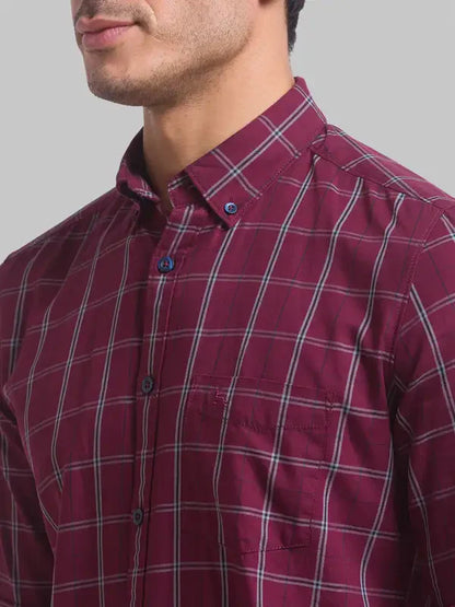 Men Red Slim Fit Checks Cotton Full Sleeve Shirts