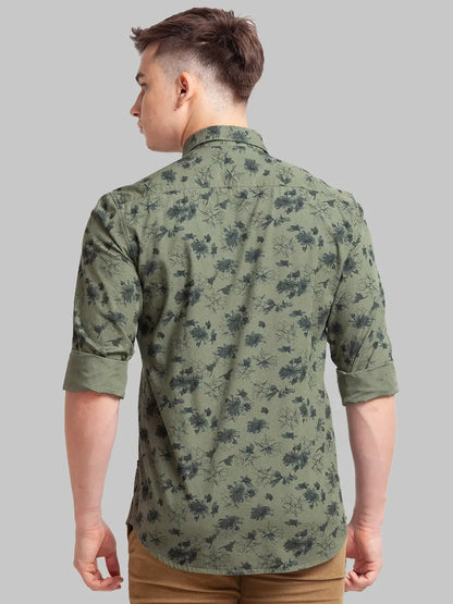 Men Green Slim Fit Print Cotton Full Sleeve Shirts