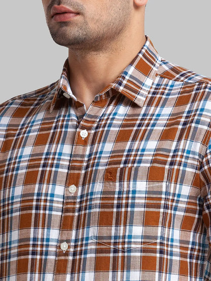 Men Brown Slim Fit Checks Cotton Full Sleeve Shirts