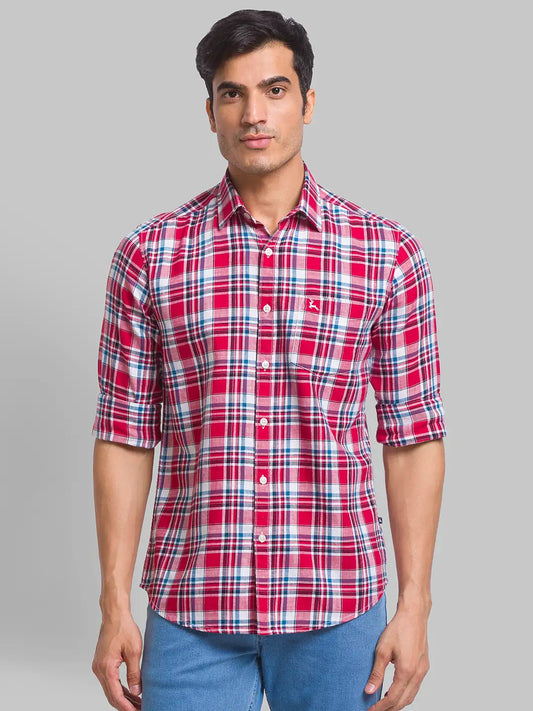 Men Red Slim Fit Checks Cotton Full Sleeve Shirts