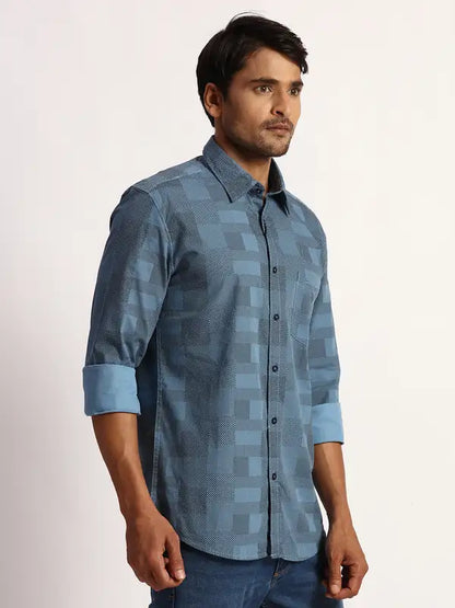 Men Blue Slim Fit Print Cotton Full Sleeve Shirts