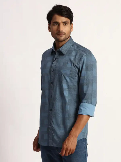 Men Blue Slim Fit Print Cotton Full Sleeve Shirts