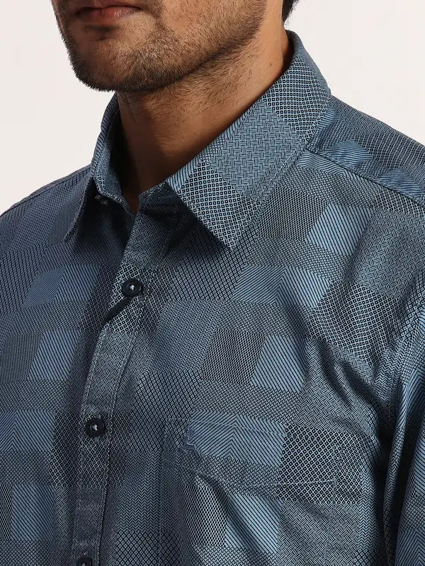 Men Blue Slim Fit Print Cotton Full Sleeve Shirts