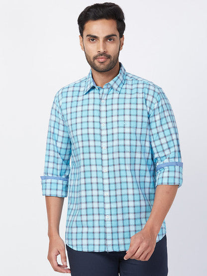 Parx Men Blue Slim Fit Checks Full Sleeve Cutaway Collar Shirt