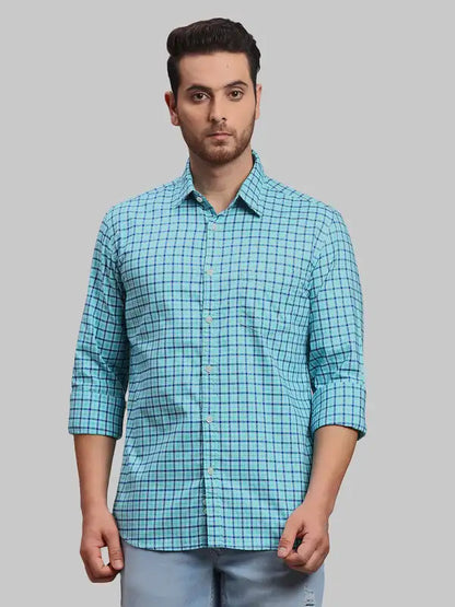 Men Green Slim Fit Checks Cotton Full Sleeve Shirts