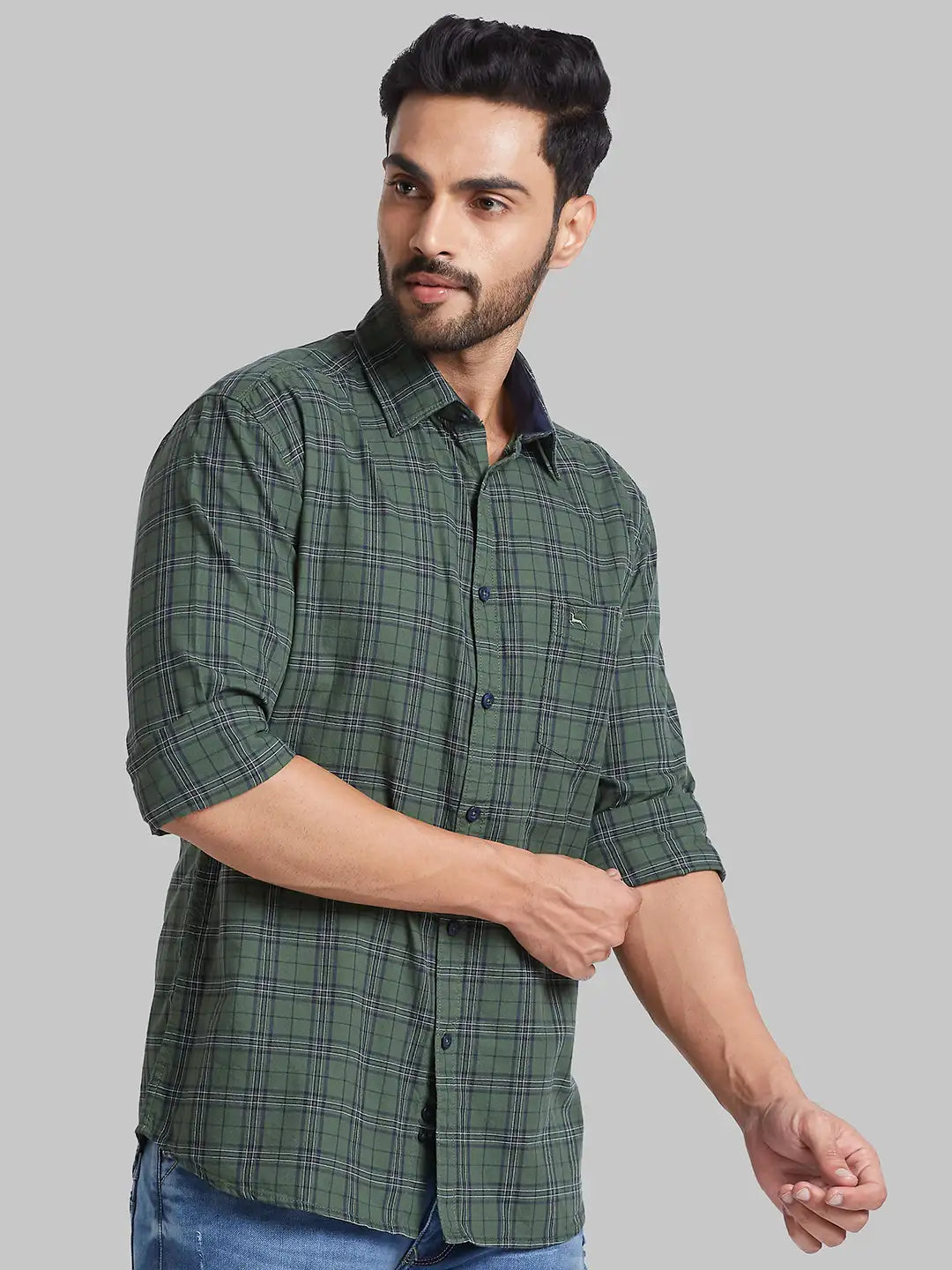 Men Green Slim Fit Checks Cotton Full Sleeve Shirts