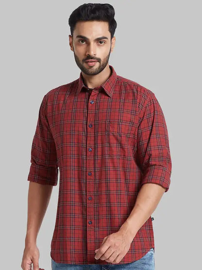Men Red Slim Fit Checks Cotton Full Sleeve Shirts