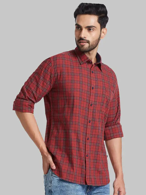 Men Red Slim Fit Checks Cotton Full Sleeve Shirts