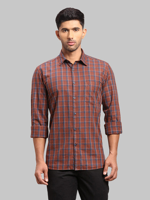 Parx Men Brown Checks Slim Fit Cotton Shirt