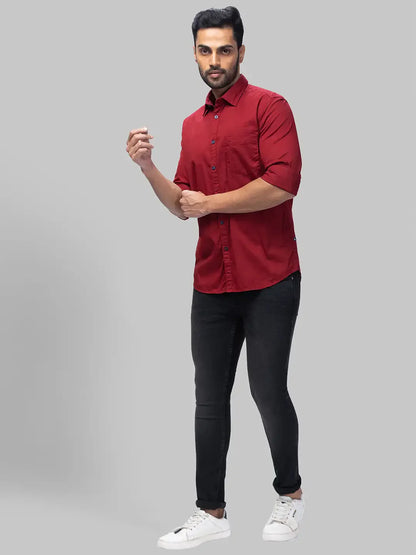 Men Red Slim Fit Solid  Cotton Full Sleeve Cutaway Collar Shirts