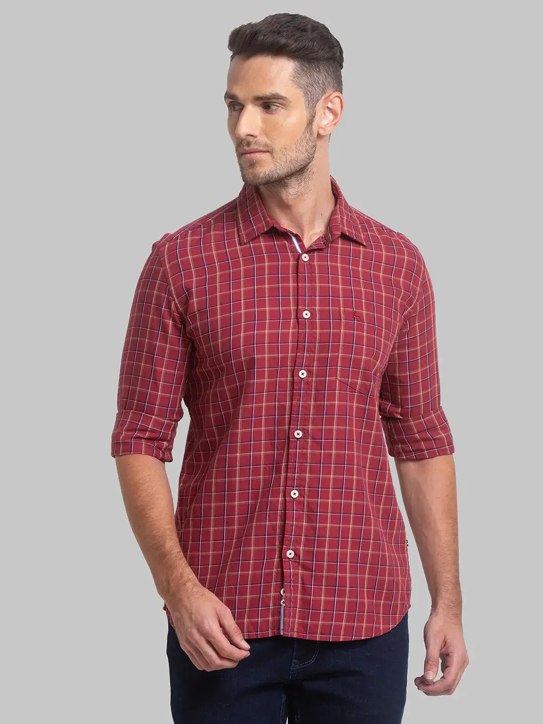 Men Maroon Slim Fit Checks Cotton Full Sleeve Shirts