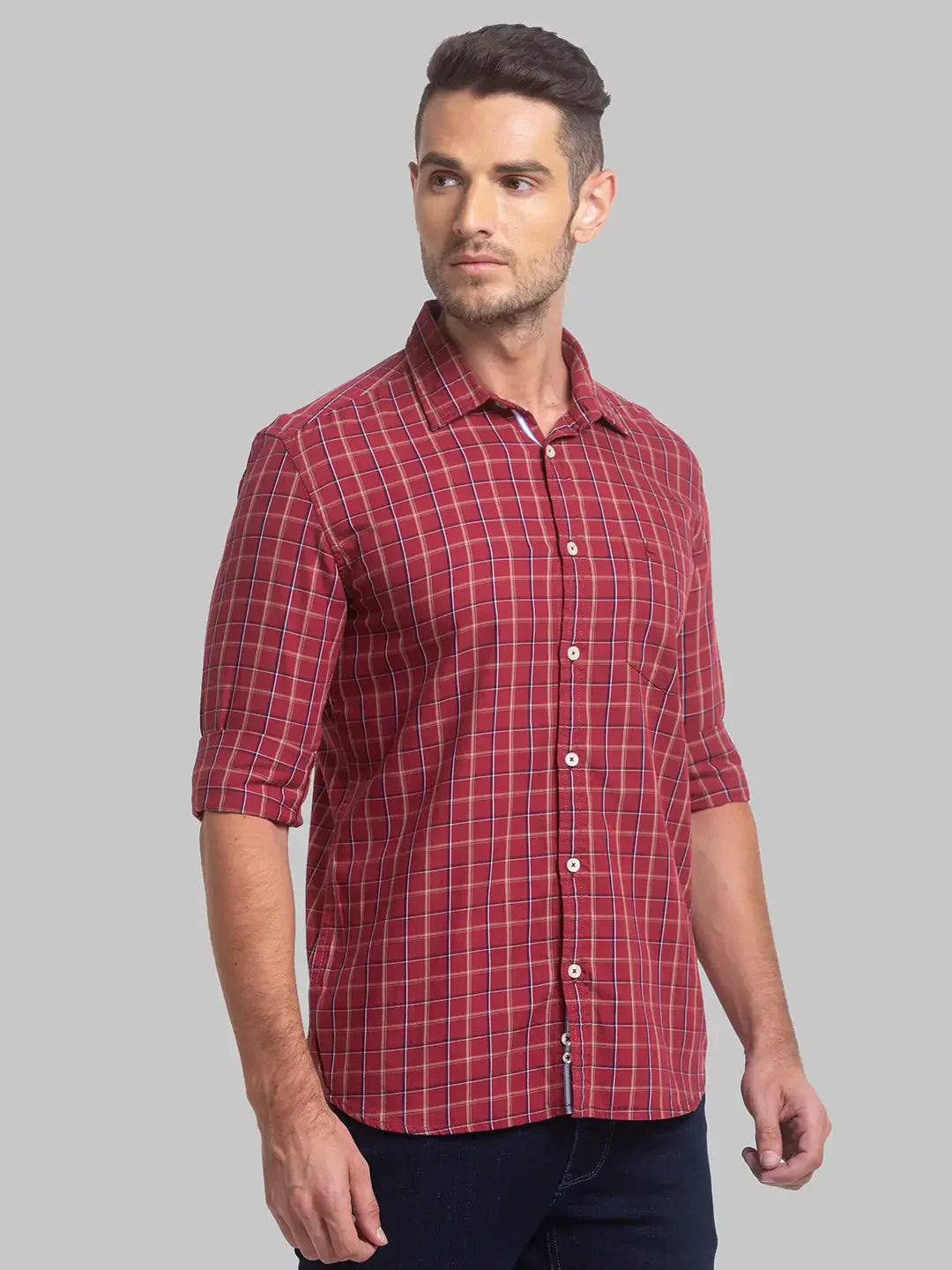 Men Maroon Slim Fit Checks Cotton Full Sleeve Shirts