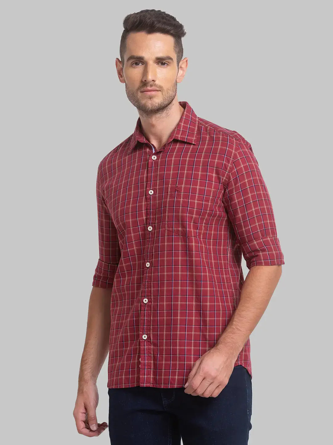Men Maroon Slim Fit Checks Cotton Full Sleeve Shirts