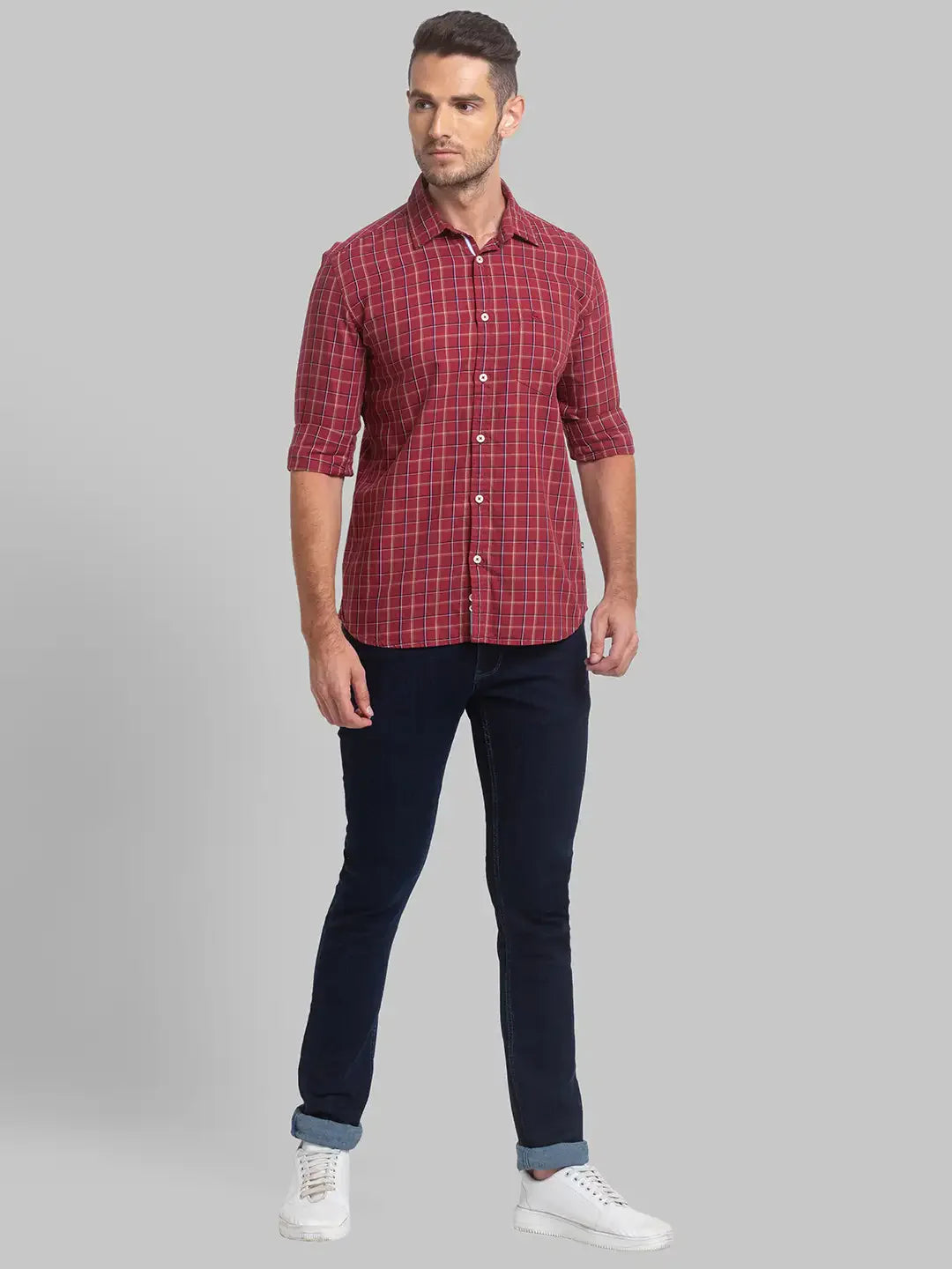 Men Maroon Slim Fit Checks Cotton Full Sleeve Shirts