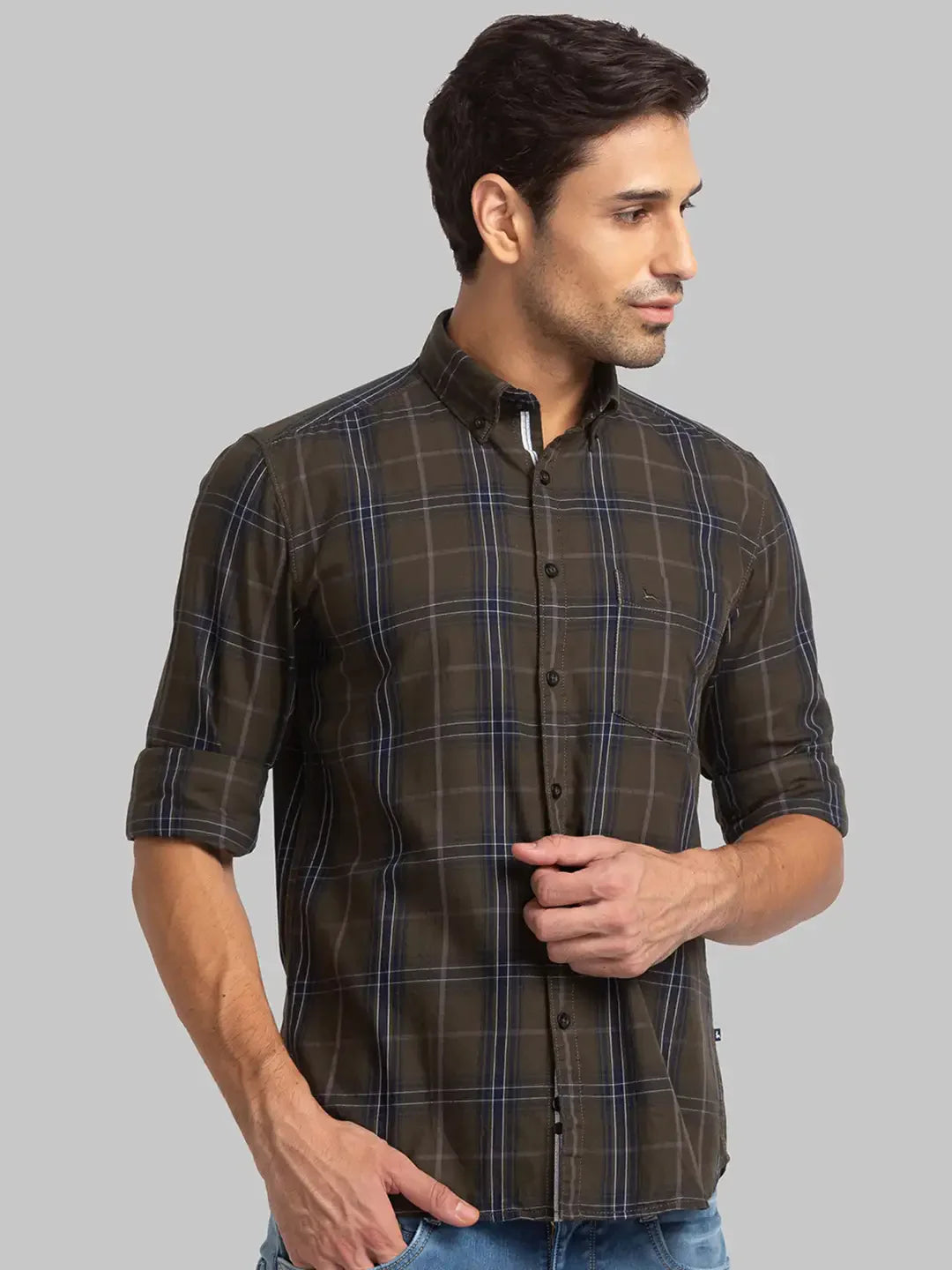 Men Green Slim Fit Checks Cotton Full Sleeve Shirts