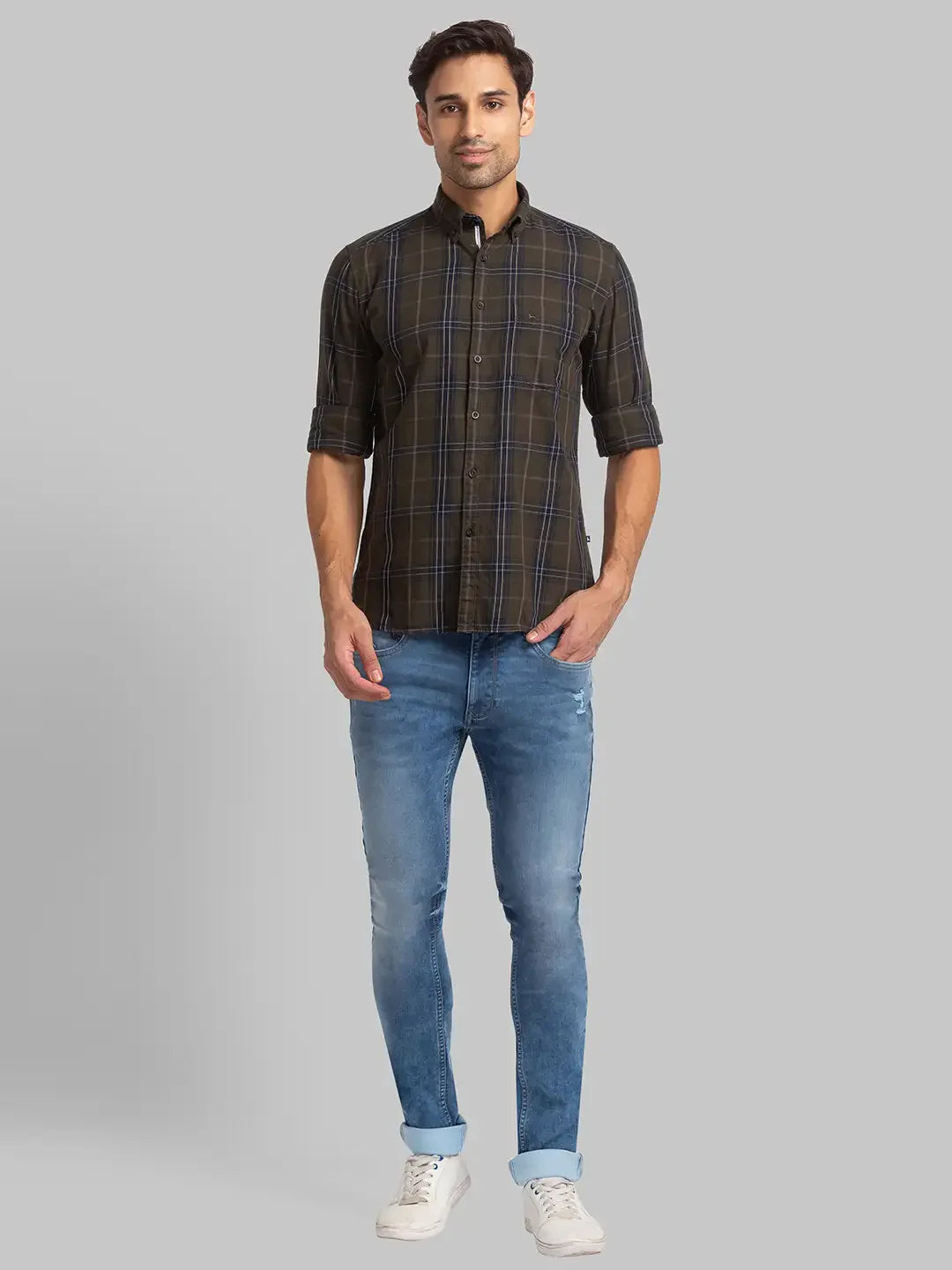 Men Green Slim Fit Checks Cotton Full Sleeve Shirts