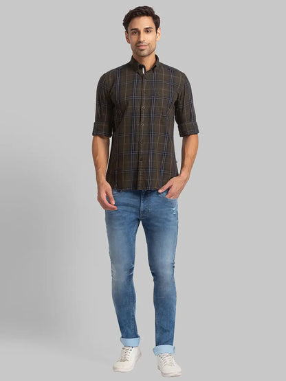 Men Green Slim Fit Checks Cotton Full Sleeve Shirts