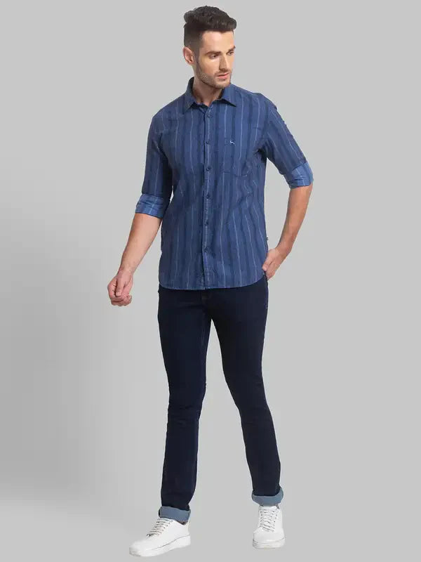Men Blue Slim Fit Stripe Cotton Blend Full Sleeve Shirts