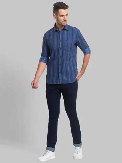 Men Blue Slim Fit Stripe Cotton Blend Full Sleeve Shirts