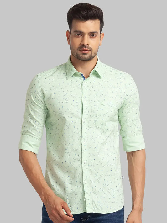 Men Green Slim Fit Print Cotton Full Sleeve Shirts