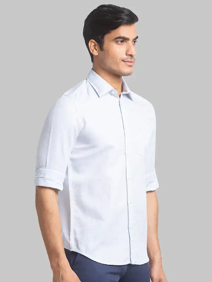 Men Blue Slim Fit Solid Linen Cotton Blend Full Sleeve Shirts