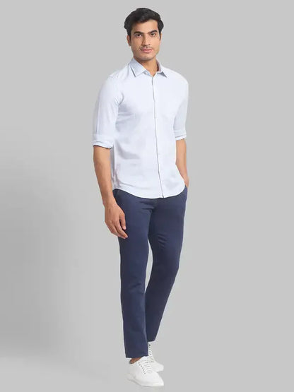 Men Blue Slim Fit Solid Linen Cotton Blend Full Sleeve Shirts