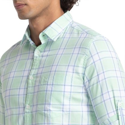 Men Green Slim Fit Checks Cotton Full Sleeve Shirts