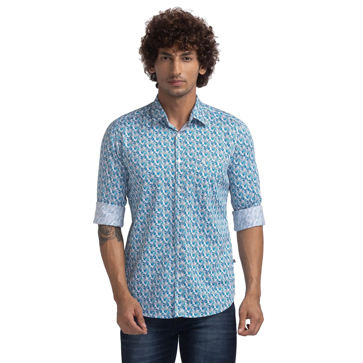 Men Blue Slim Fit Print Cotton Full Sleeve Shirts