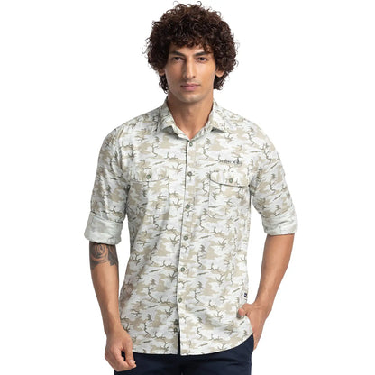 Men Green Slim Fit Print Cotton Full Sleeve Shirts