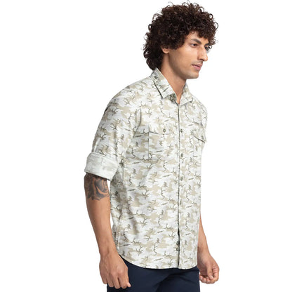 Men Green Slim Fit Print Cotton Full Sleeve Shirts