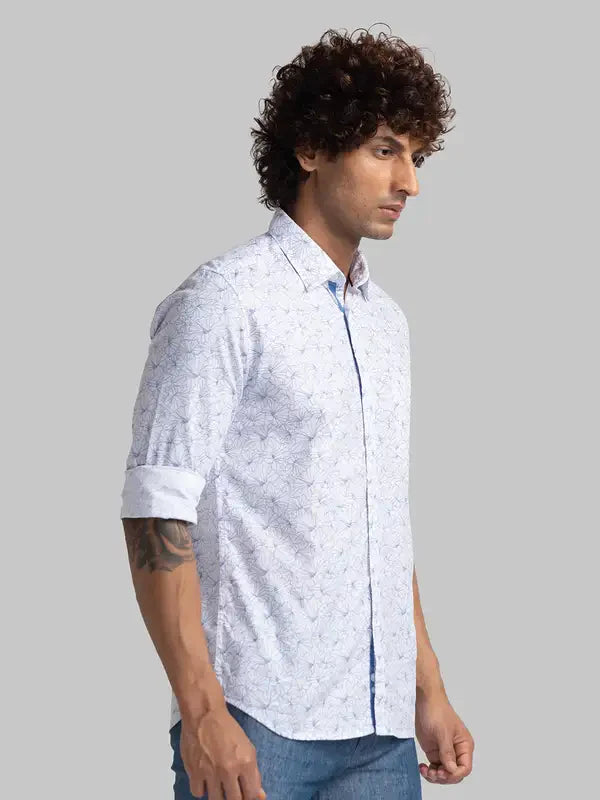 Men White Slim Fit Print Cotton Full Sleeve Shirts