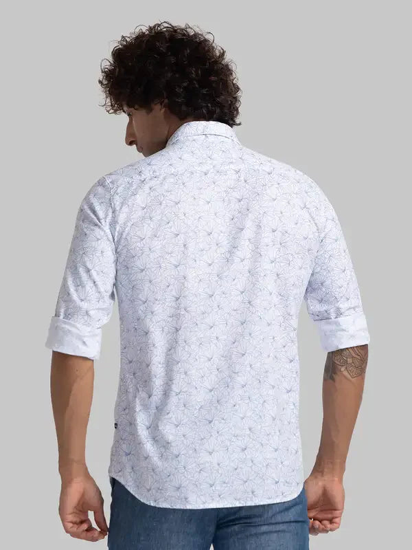 Men White Slim Fit Print Cotton Full Sleeve Shirts