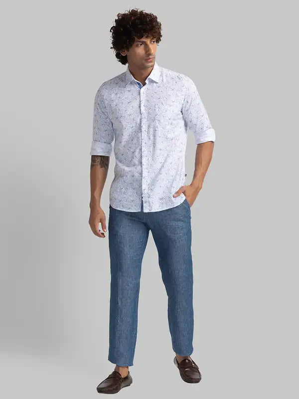 Men White Slim Fit Print Cotton Full Sleeve Shirts