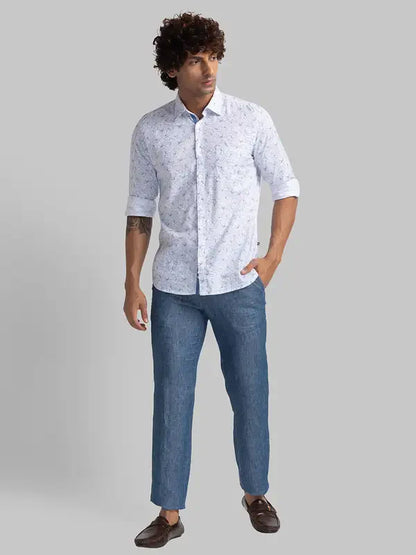 Men White Slim Fit Print Cotton Full Sleeve Shirts