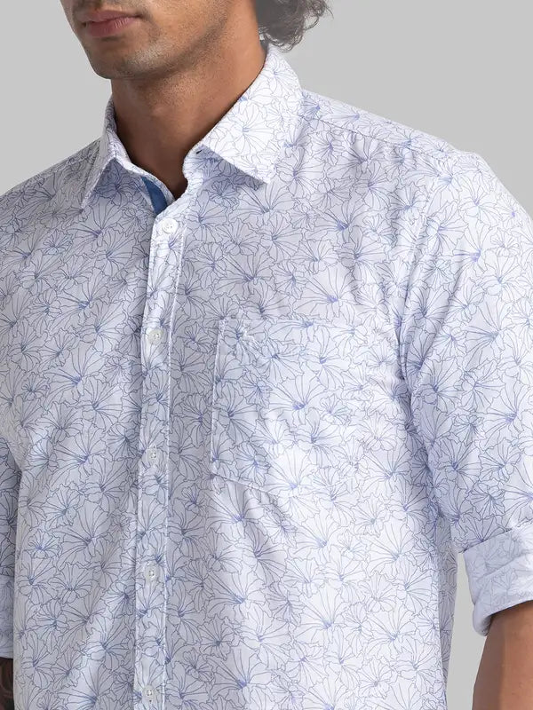 Men White Slim Fit Print Cotton Full Sleeve Shirts
