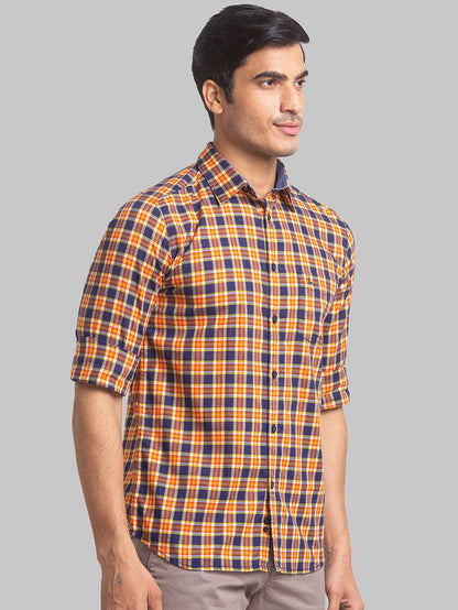 Parx Men Orange Checkered Slim Fit Full Sleeve Semi Cut Away Collar Shirt