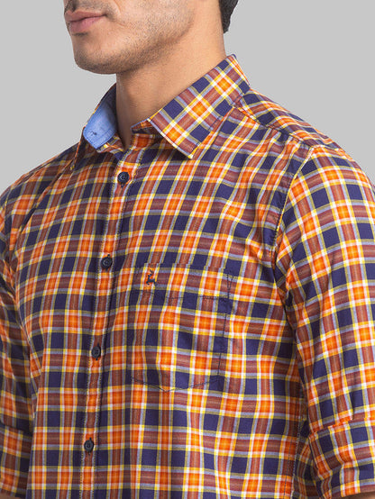 Parx Men Orange Checkered Slim Fit Full Sleeve Semi Cut Away Collar Shirt