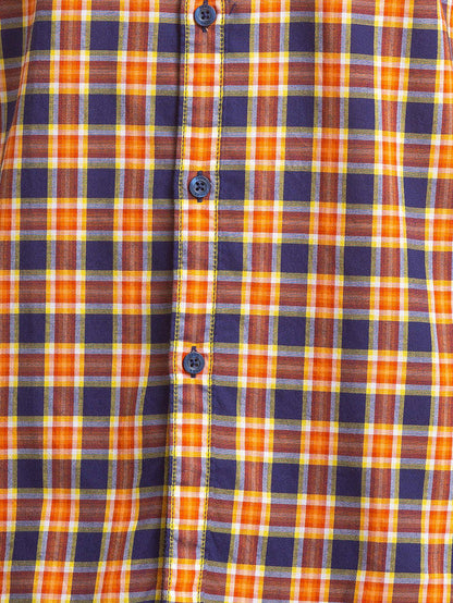 Parx Men Orange Checkered Slim Fit Full Sleeve Semi Cut Away Collar Shirt
