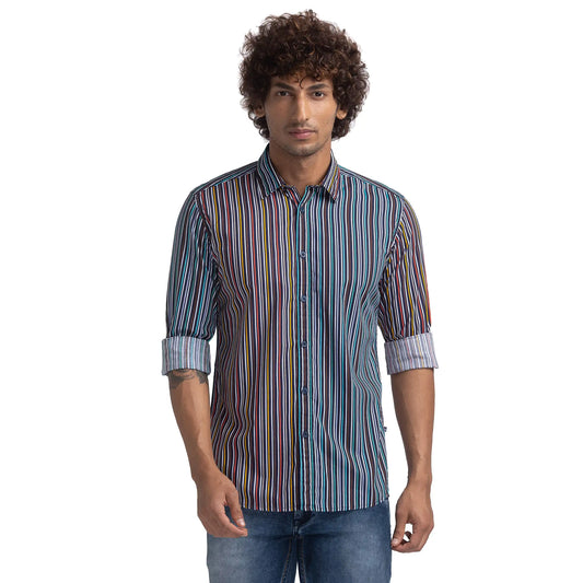 Parx Men Blue Striped Slim Fit Cotton Casual Shirt
