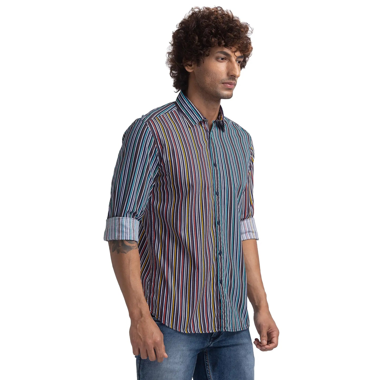 Parx Men Blue Striped Slim Fit Cotton Casual Shirt
