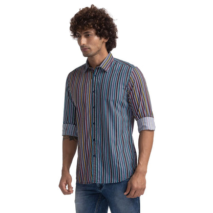 Parx Men Blue Striped Slim Fit Cotton Casual Shirt