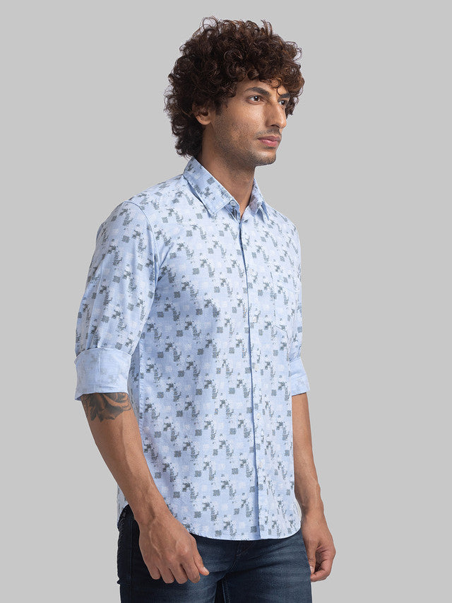 Parx Men Blue Printed Slim Fit Full Sleeve Semi Cut Away Collar Shirt