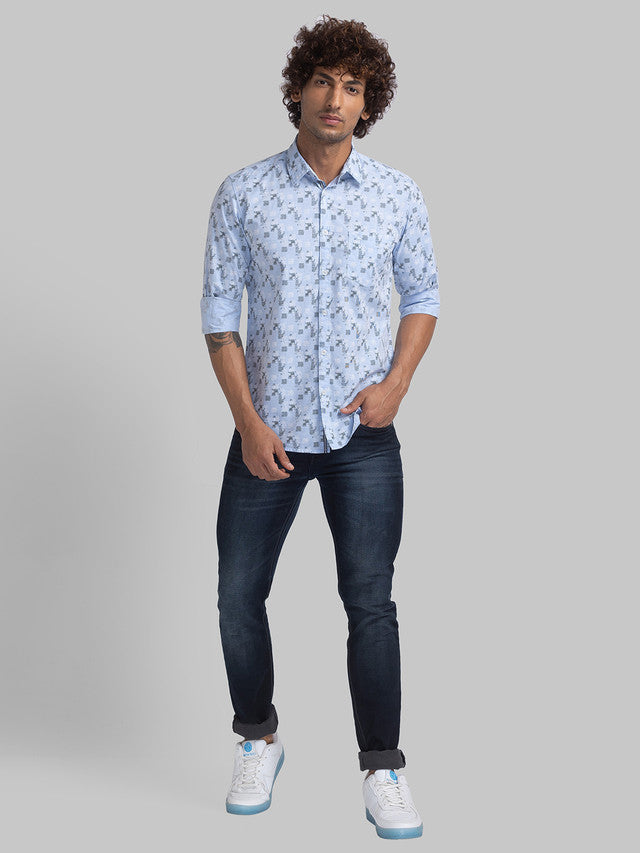 Parx Men Blue Printed Slim Fit Full Sleeve Semi Cut Away Collar Shirt