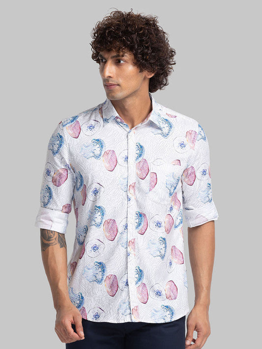 Parx White Printed Slim Fit Cotton Blend Casual Shirt