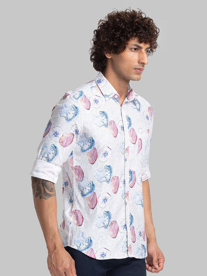 Parx White Printed Slim Fit Cotton Blend Casual Shirt