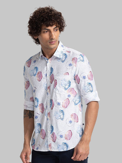 Parx White Printed Slim Fit Cotton Blend Casual Shirt
