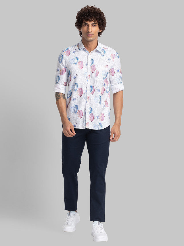Parx White Printed Slim Fit Cotton Blend Casual Shirt
