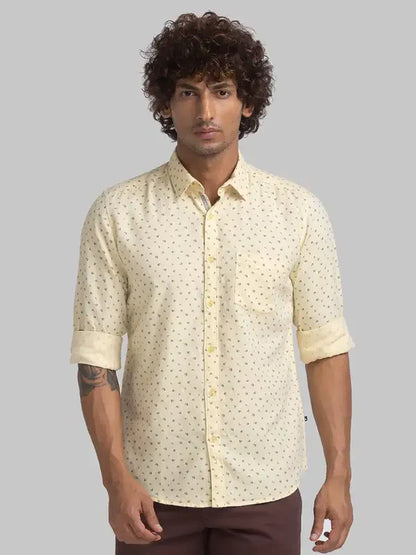 Men Yellow Slim Fit Print Cotton Full Sleeve Shirts