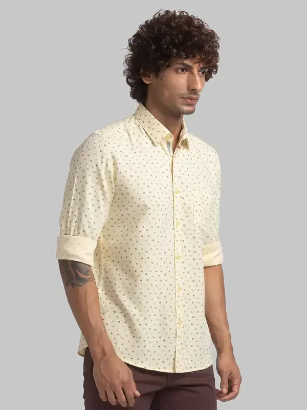 Men Yellow Slim Fit Print Cotton Full Sleeve Shirts