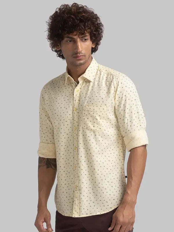 Men Yellow Slim Fit Print Cotton Full Sleeve Shirts